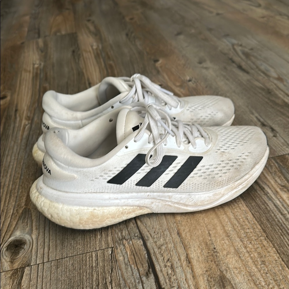 Adidas White Running Shoes with Black Stripes